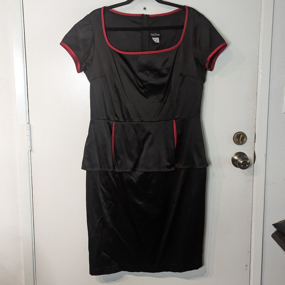 Lucky 13 Black satin red piping peplum dress 2xl